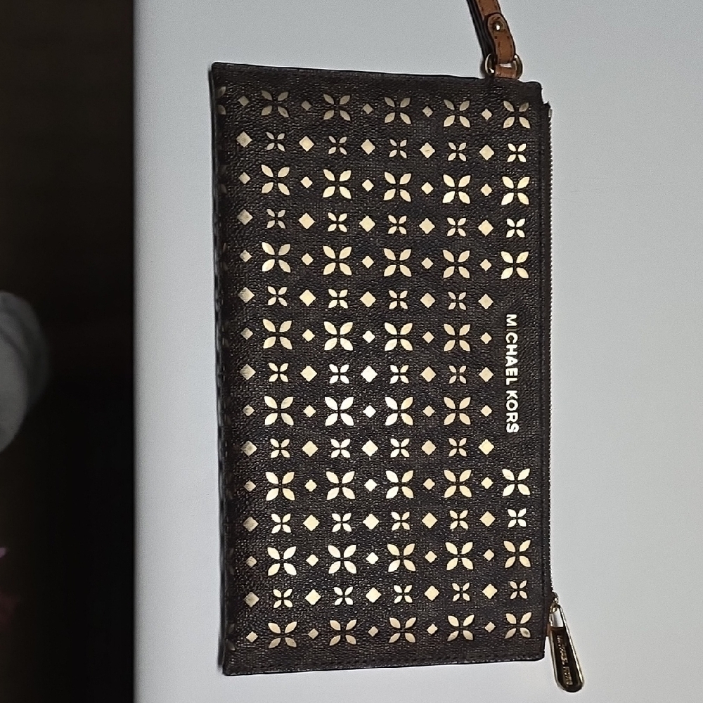 Michael Kors Black and Gold Floral Cutout Clutch